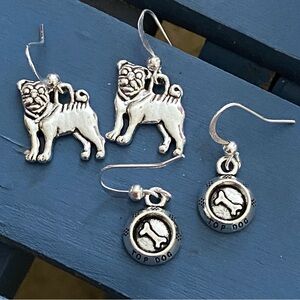 Pug Dog & Bone Silvertone Pierced Earrings Set Of Two Pairs Handcrafted